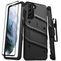 Zizo Bolt Cover - Pancerne etui Samsung Galaxy S21+ 5G ze szkłem 9H na ekran + podstawka & uchwyt do paska (czarny)