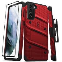 Zizo Bolt Cover - Pancerne etui Samsung Galaxy S21+ 5G ze szkłem 9H na ekran + podstawka & uchwyt do paska (czerwony/czarny)
