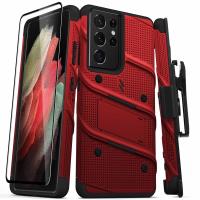 Zizo Bolt Cover - Pancerne etui Samsung Galaxy S21 Ultra 5G ze szkłem 9H na ekran + podstawka & uchwyt do paska (czerwony/czarny)