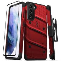 Zizo Bolt Cover - Pancerne etui Samsung Galaxy S21 5G ze szkłem 9H na ekran + podstawka & uchwyt do paska (czerwony/czarny)